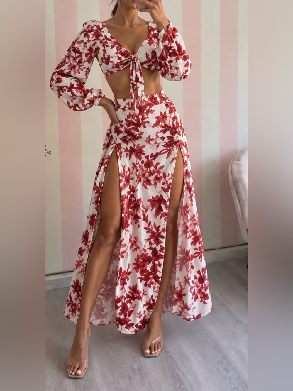 Trendyol Red White Floral Two Piece Crop Top Maxi Skirt Set Size 36